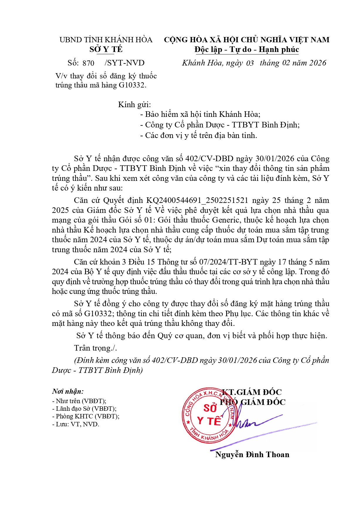 V/v thay đổi số đăng ký thuốc trúng thầu mã hàng G10332.